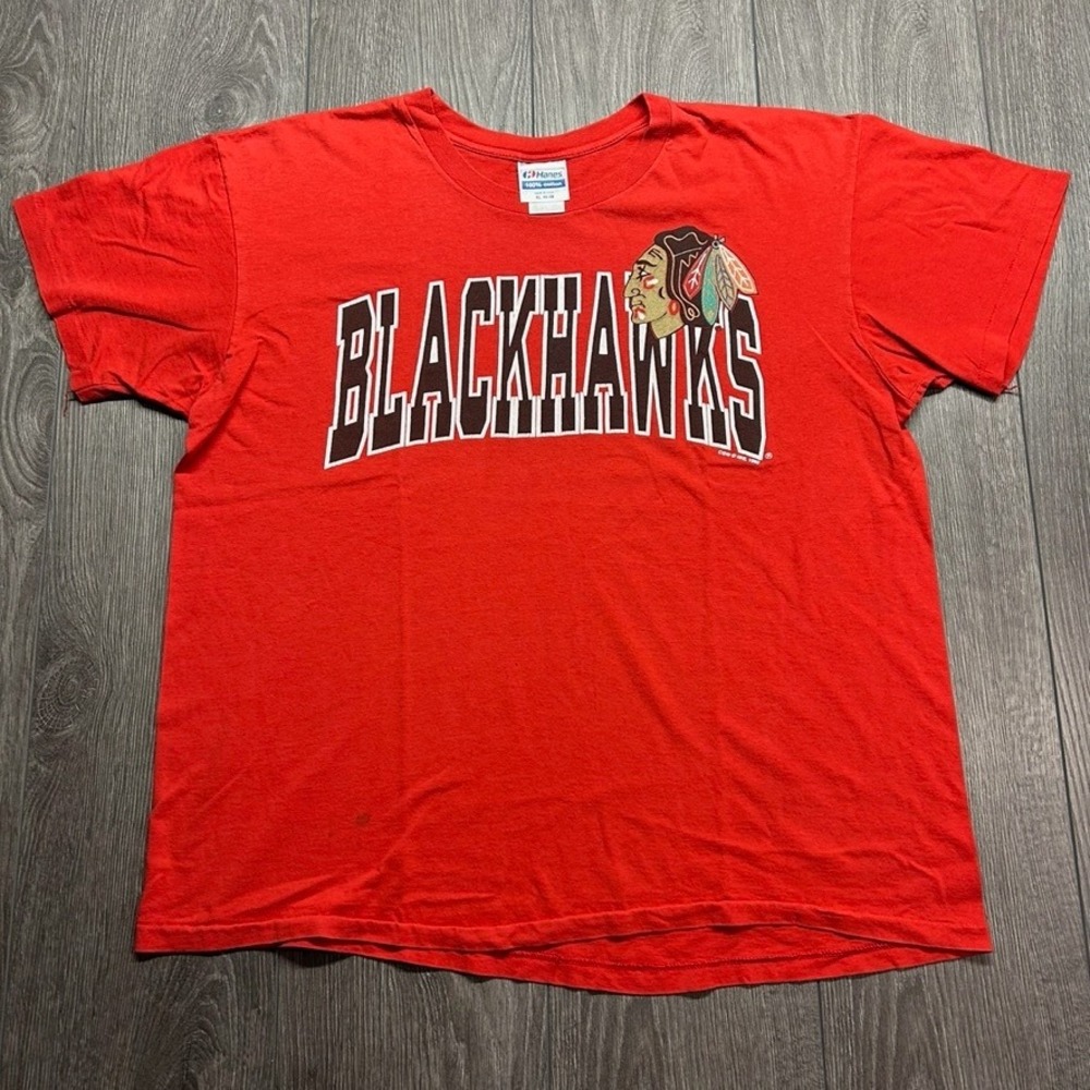 Vintage 1992 Chicago Blackhawks T-Shirt Hanes XL Red NHL Single Stitch USA Made
